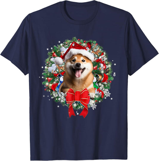 Shiba Inu Christmas Wreath Decoration Xmas Pajamas T-Shirt - T-Shirt | Navy