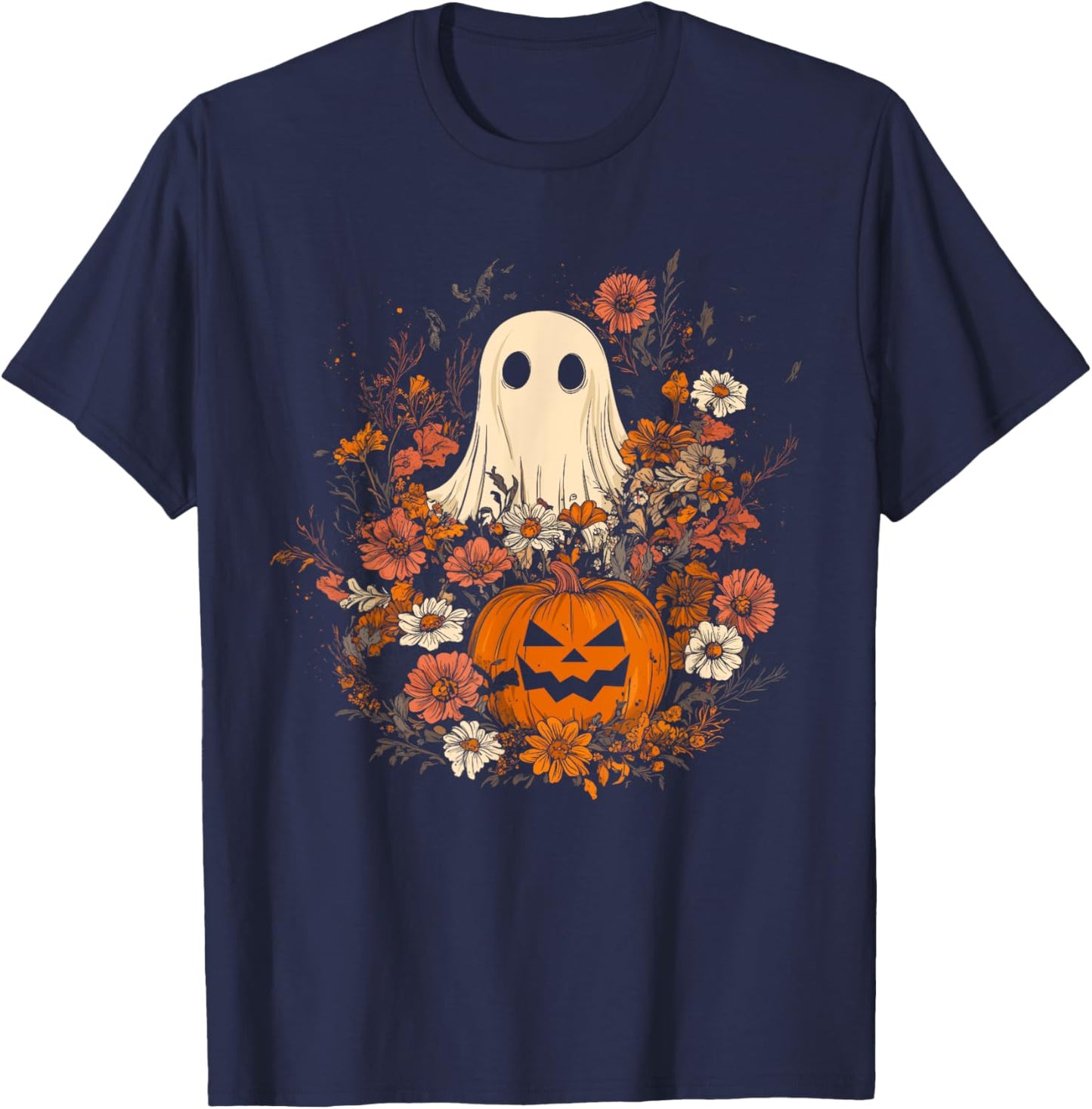Vintage Floral Ghost Halloween Ghost in the Forest Gothic T-Shirt - T-Shirt | Navy