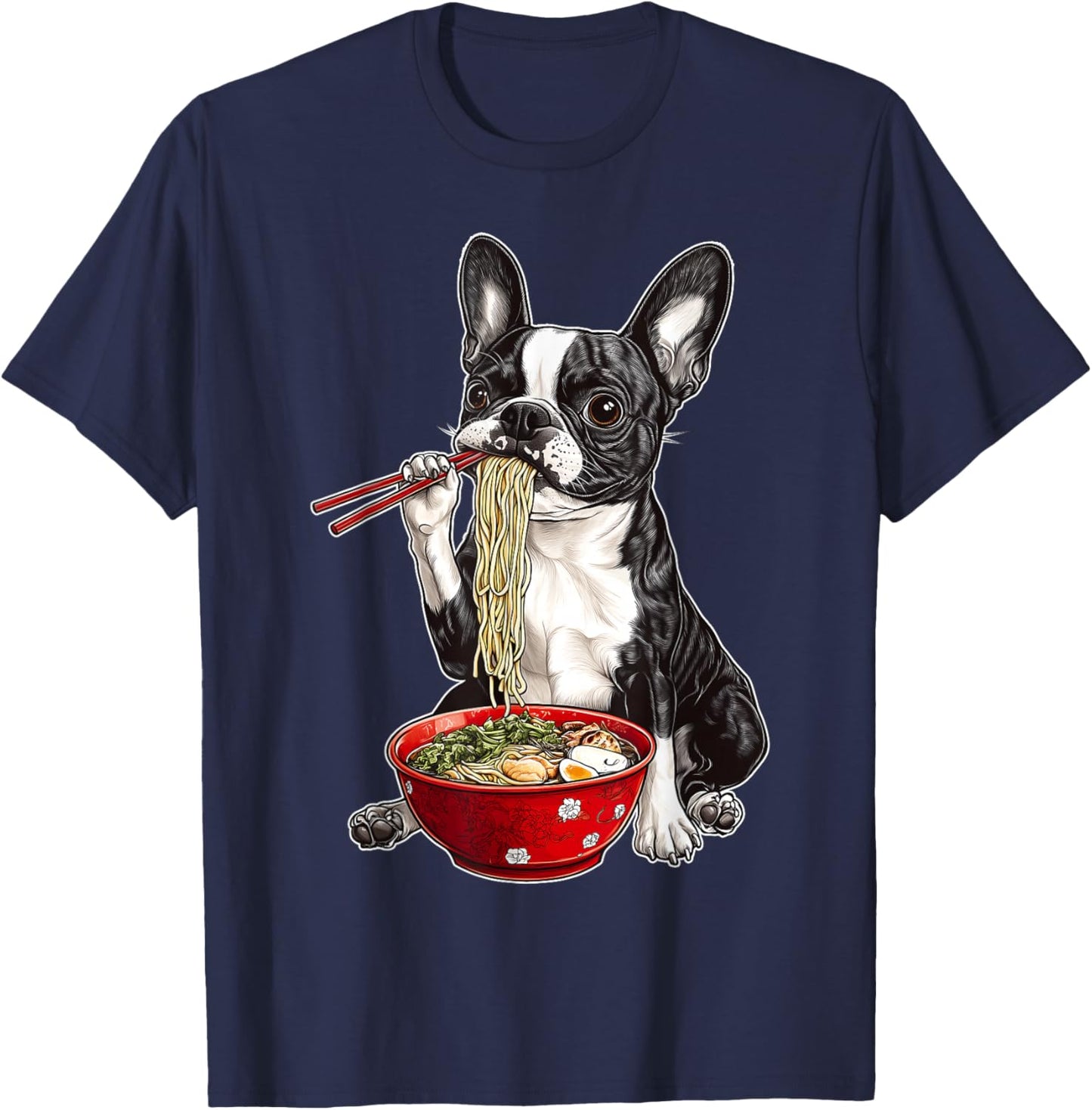 Boston Terrier Dog Eating Ramen Bowl Japanese Noodles T-Shirt - T-Shirt | Navy