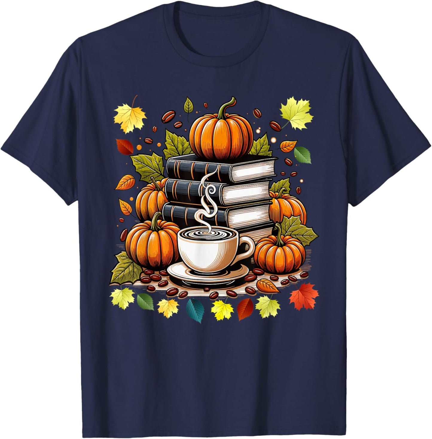 Books Coffee Fall Leaves and Pumpkins Vintage Library T-Shirt - T-Shirt | Navy