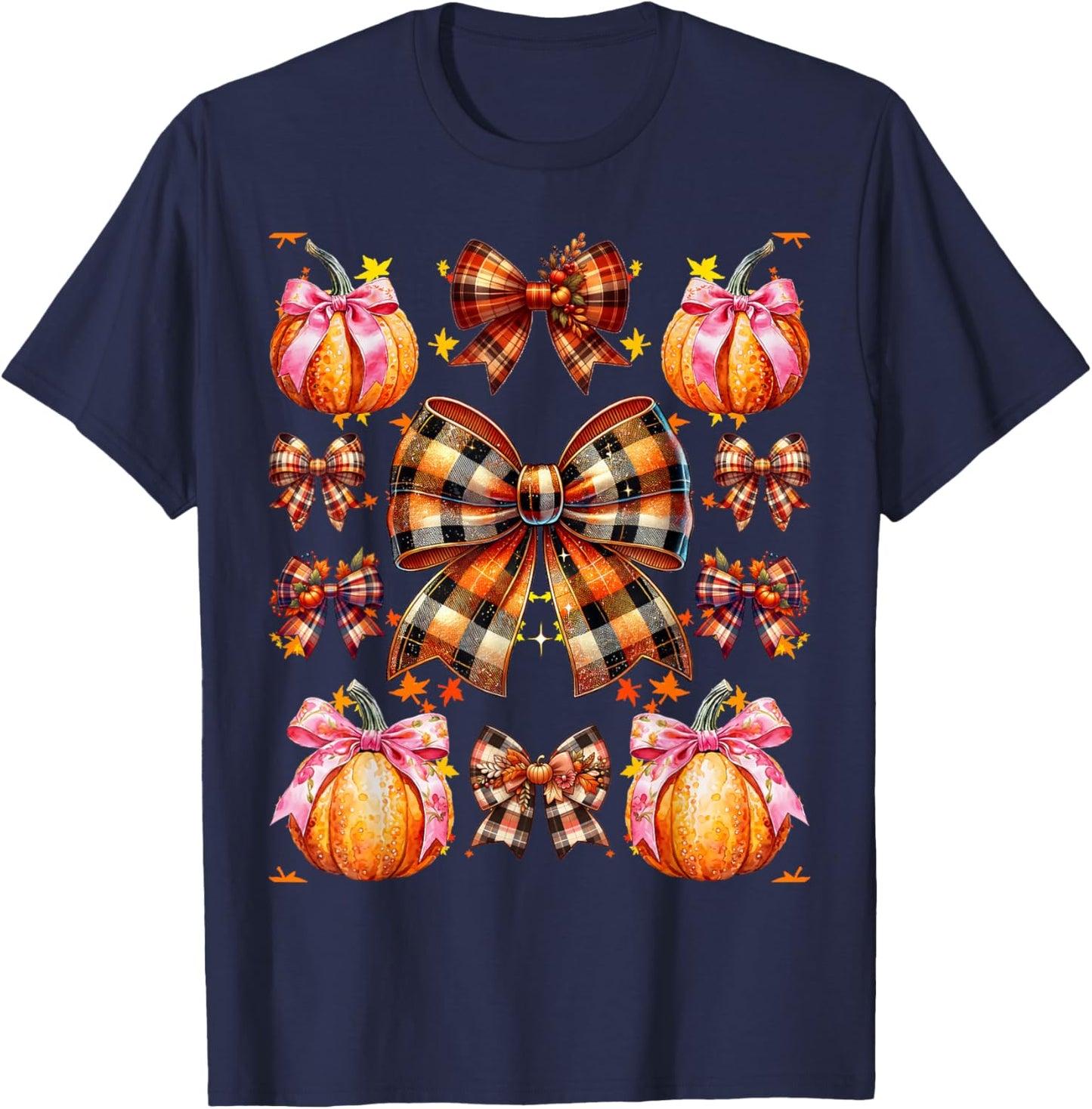 Coquette Bow Pumpkin Season Thanksgiving Autumn Fall Leaves T-Shirt - T-Shirt | Navy