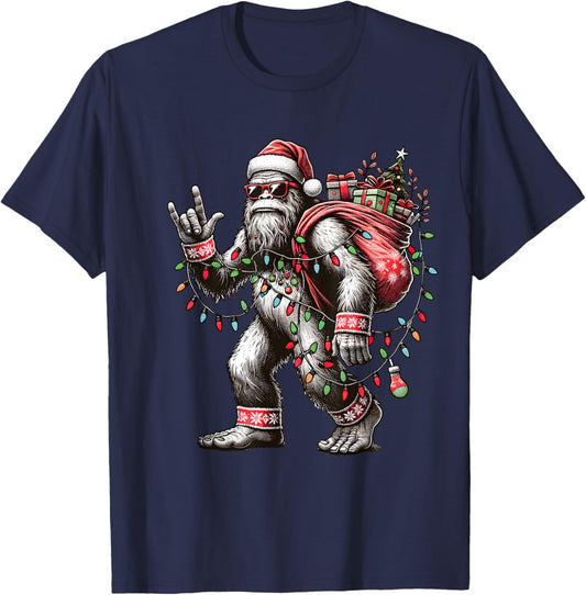 Funny Bigfoot Christmas Santa Sasquatch with Lights T-Shirt - T-Shirt | Navy