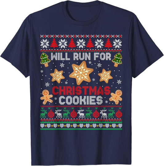 Will Run For Christmas Cookies Gingerbread Lover Ugly Xmas T-Shirt - T-Shirt | Navy