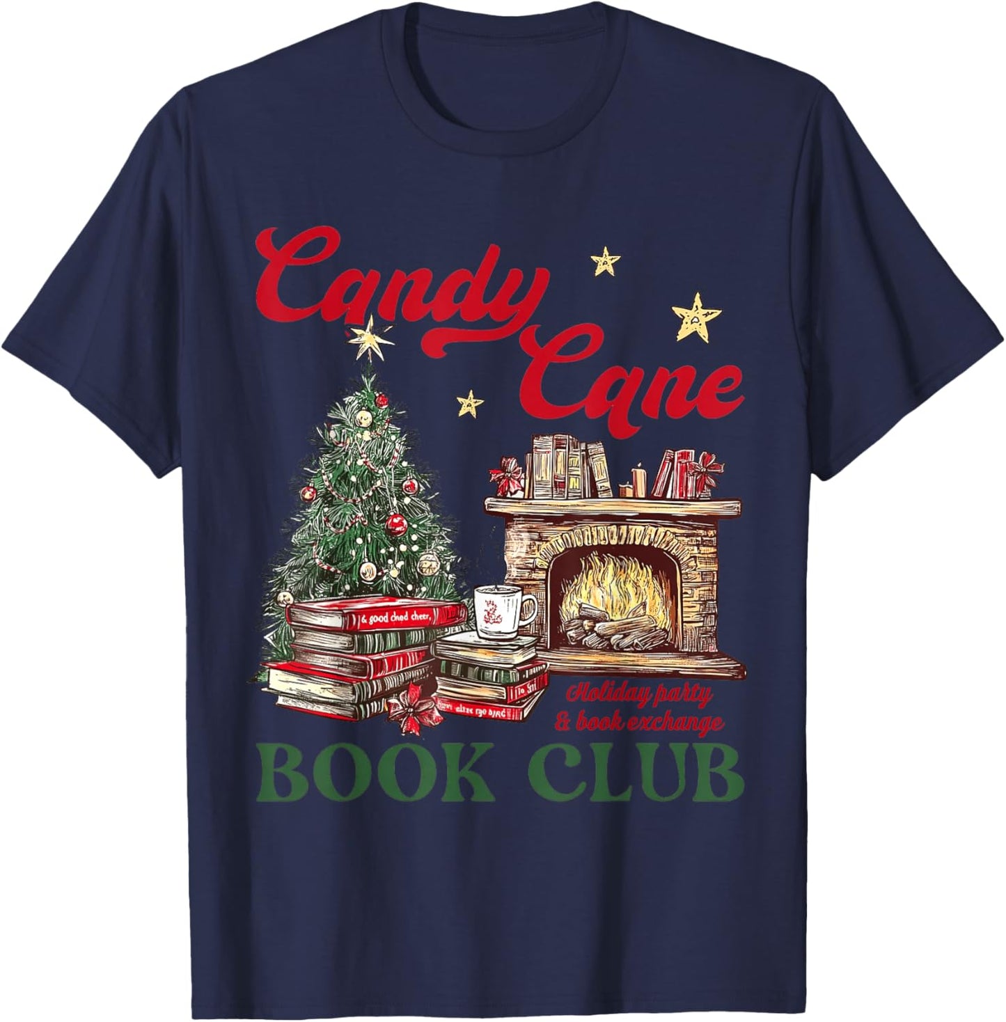 Candy Cane Book Club Holiday Party & Book Exchange T-Shirt - T-Shirt | Navy