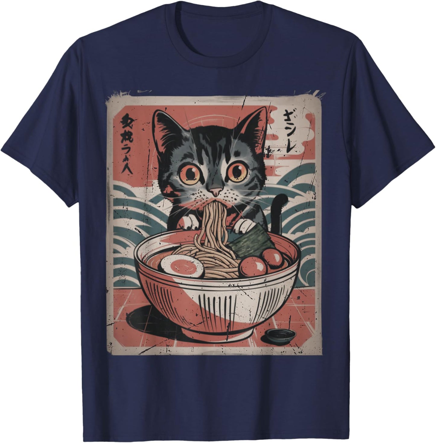 Cute Kitten Kawaii cat Ramen Bowl Japanese Art Design T-Shirt - T-Shirt | Navy