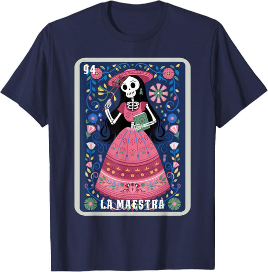 La Maestra Halloween Mexican Bingo Card Teacher Lottery Card T-Shirt - T-Shirt | Navy