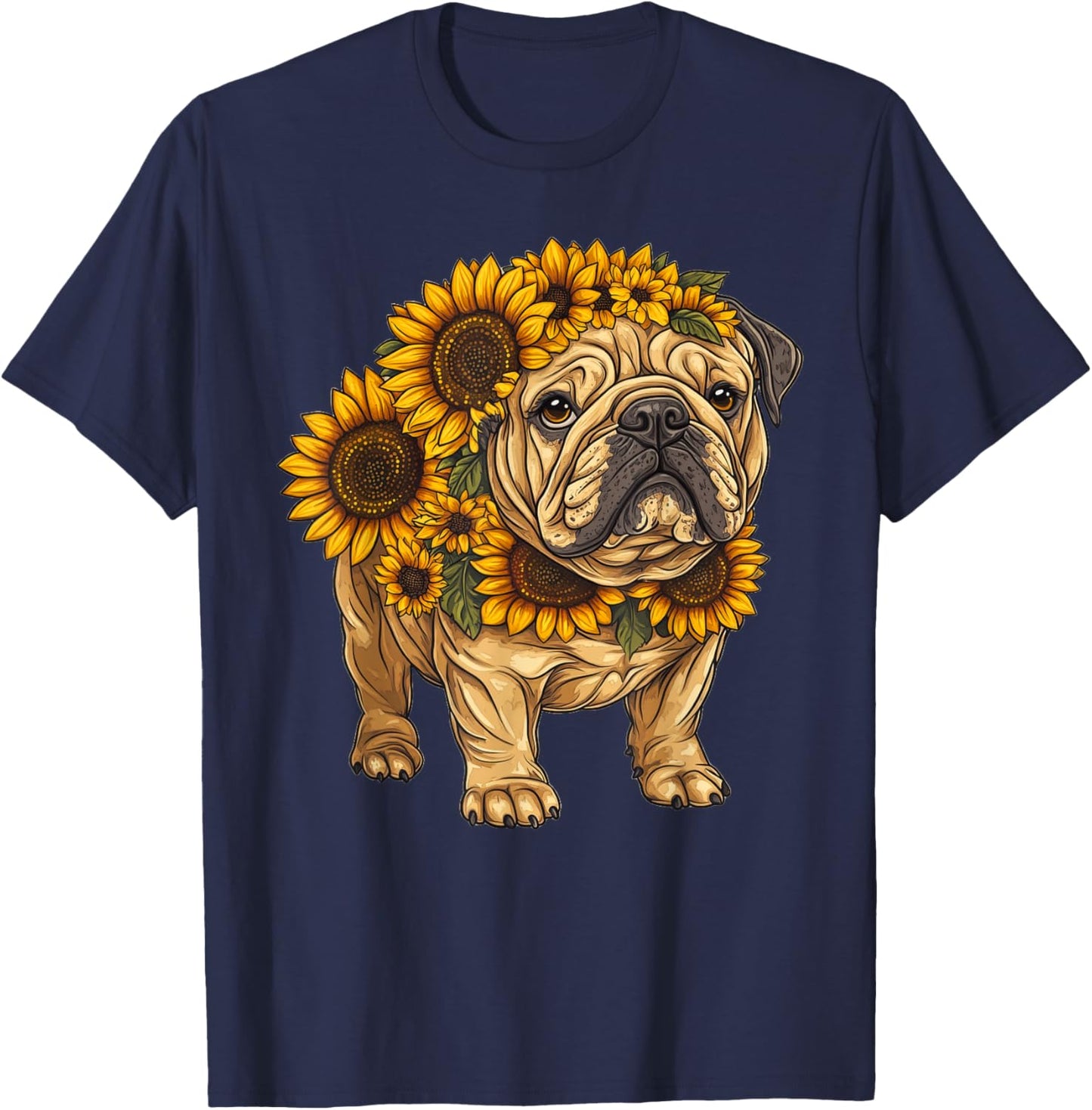 Sunflower English Bulldog Dog Flower Gardening Floral T-Shirt - T-Shirt | Navy