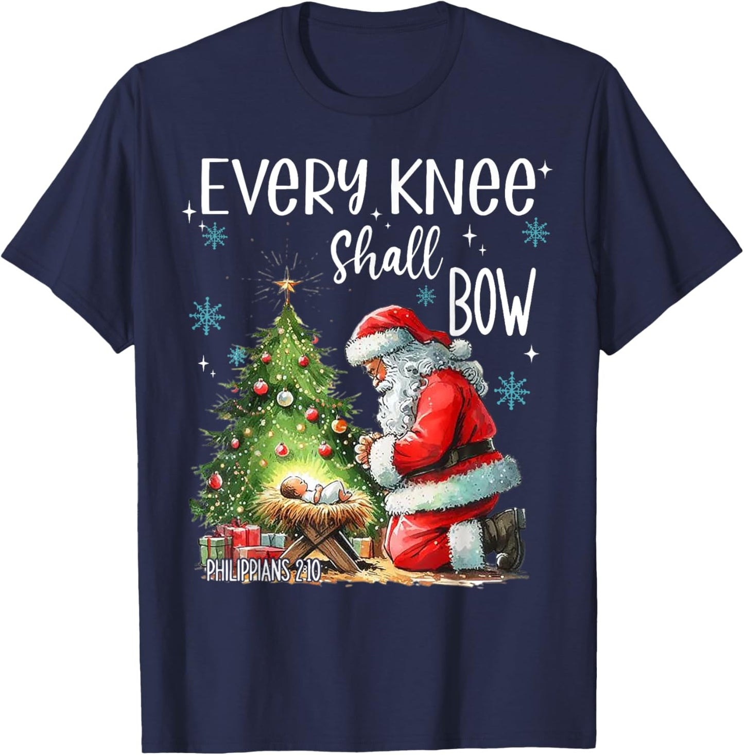 Every Knee Shall Bow Funny Kneeling Santa Baby Jesus T-Shirt - T-Shirt | Navy