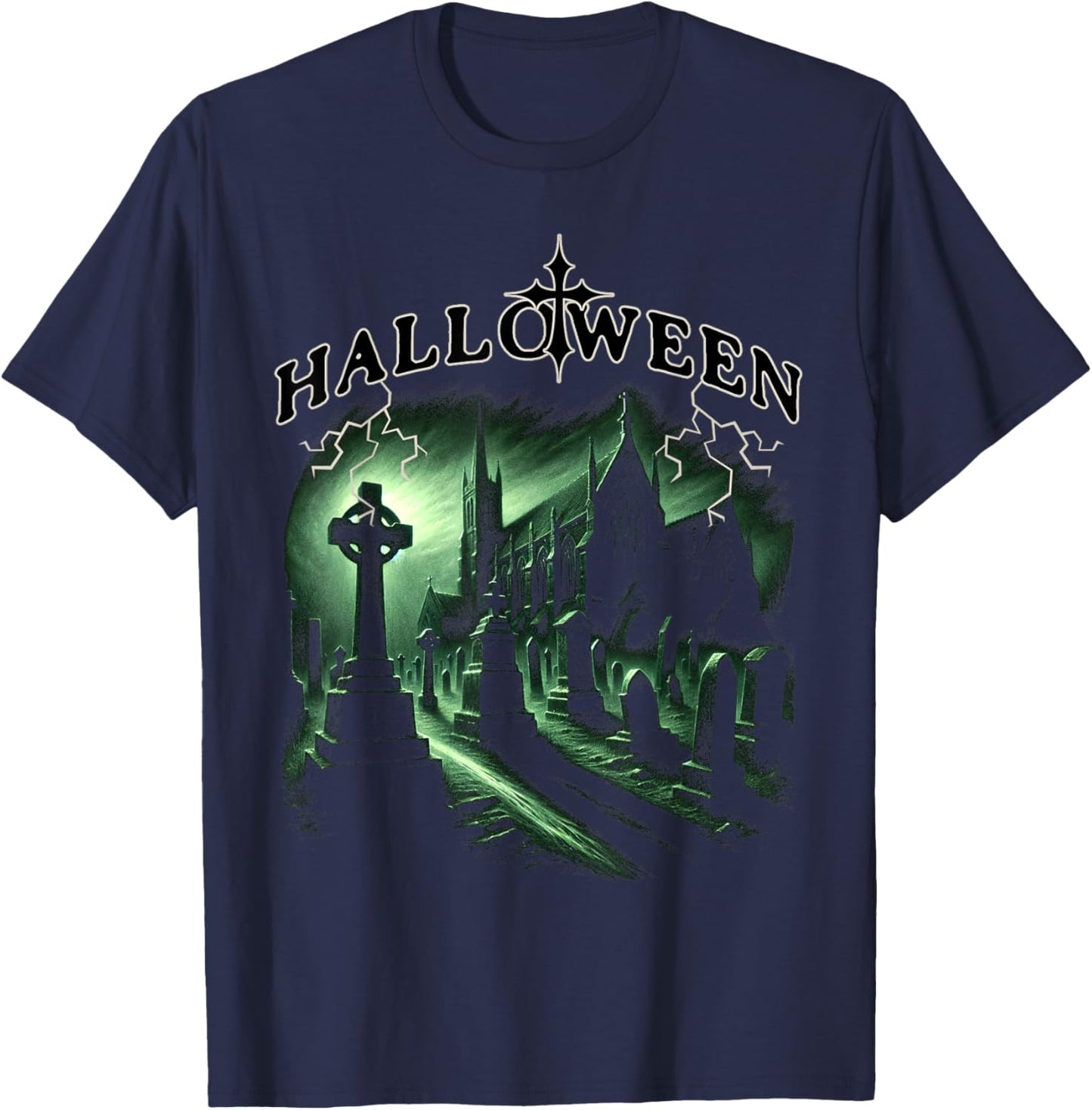 Halloween Spooky Churchyard Gothic Graveyard Scene T-Shirt - T-Shirt | Navy
