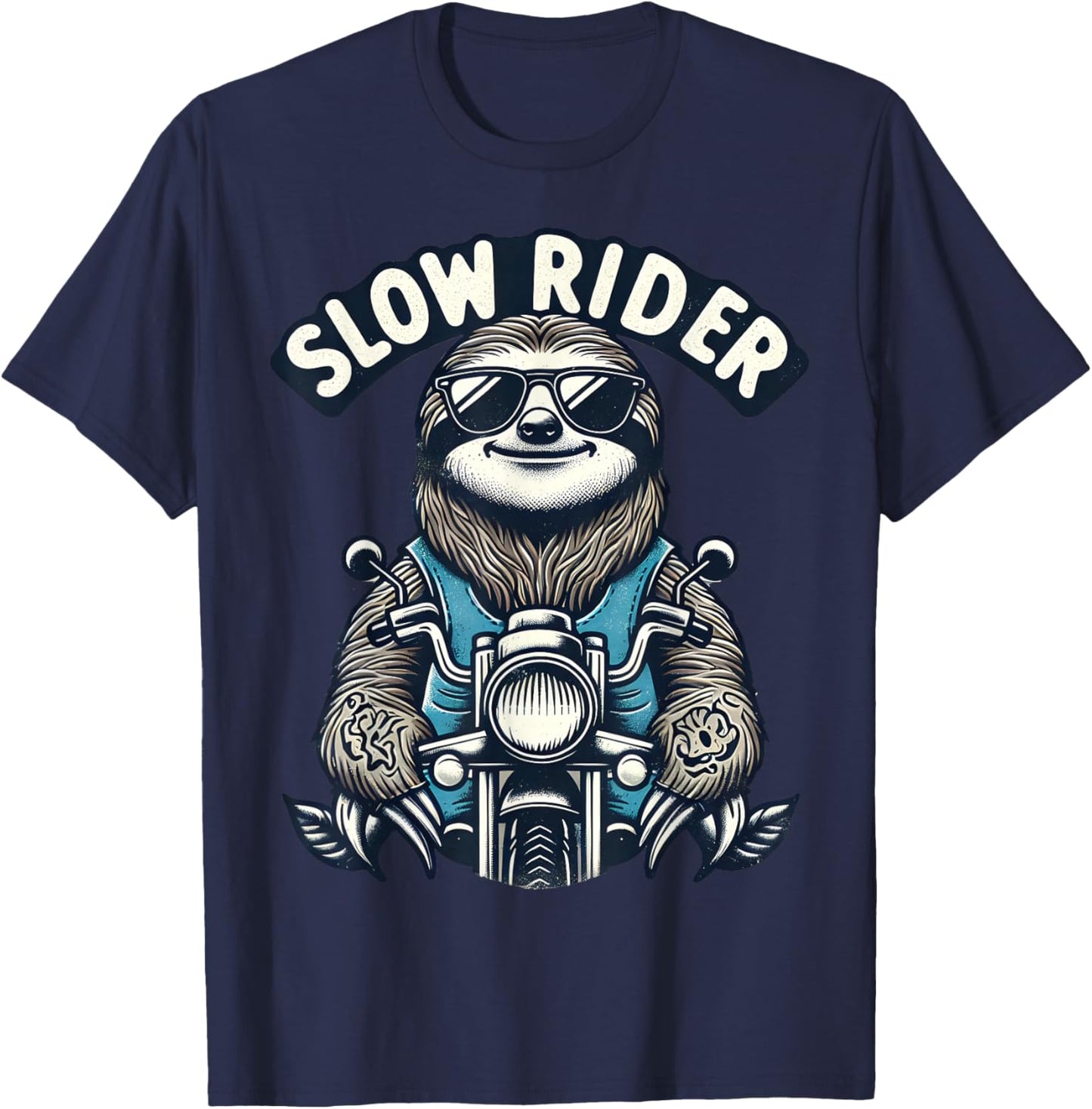 Cool Sloth on Motorcycle Slow Rider Funny T-Shirt - T-Shirt | Navy