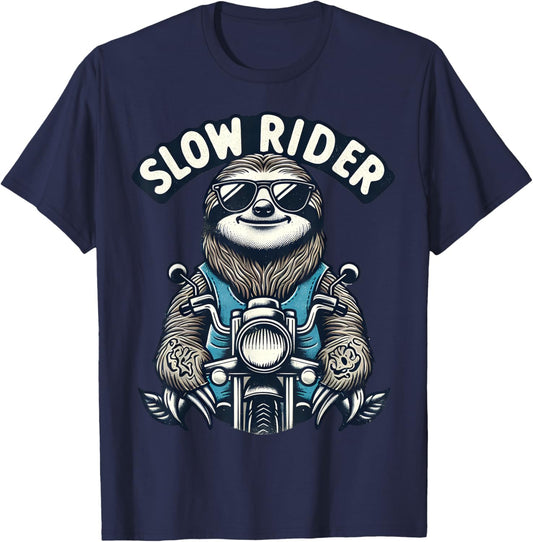 Cool Sloth on Motorcycle Slow Rider Funny T-Shirt - T-Shirt | Navy