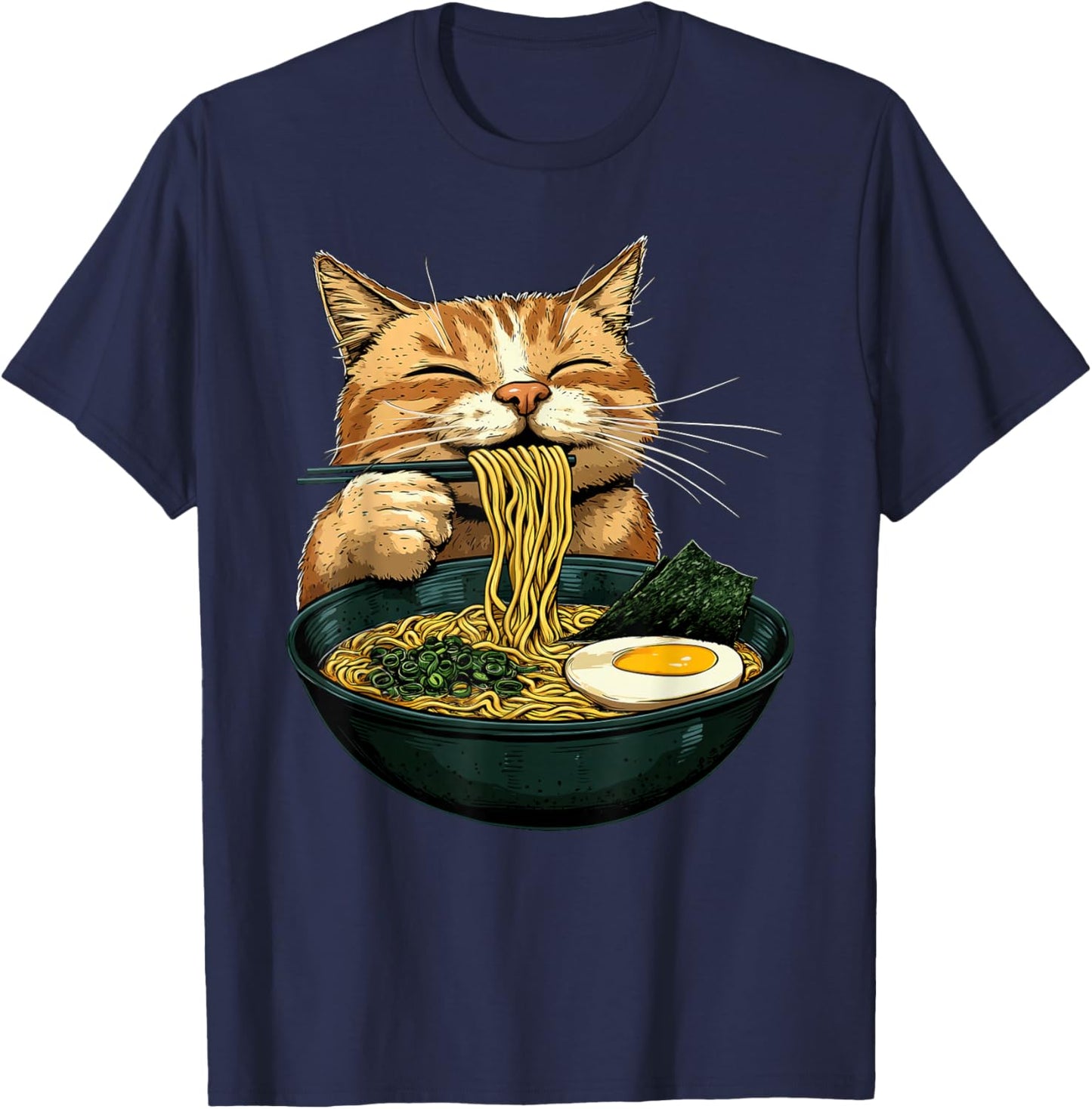 Funny Cat Eating Ramen Japanese Anime Kawaii Cat T-Shirt - T-Shirt | Navy