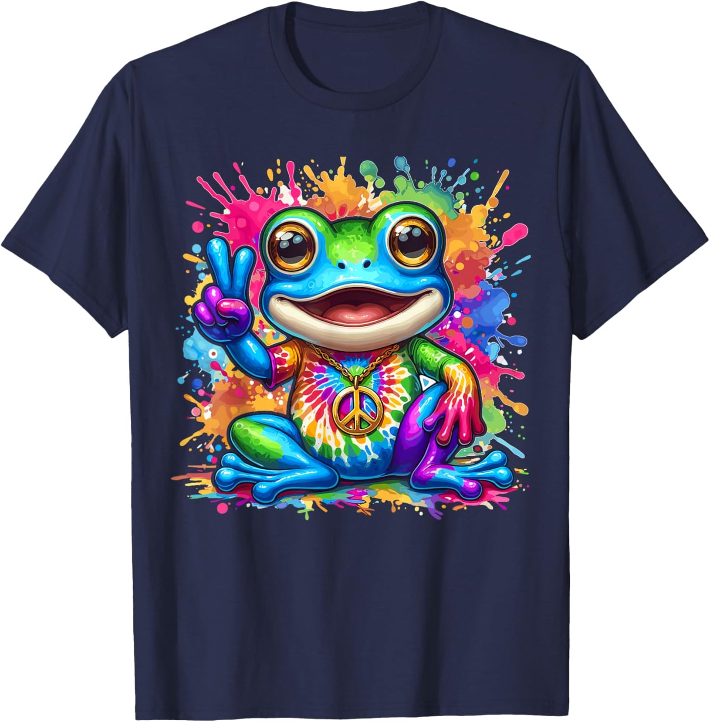Magical and Funny Hippie Gifts Tie-Dye Frog Peace Sign Hippie T-Shirt - T-Shirt | Navy