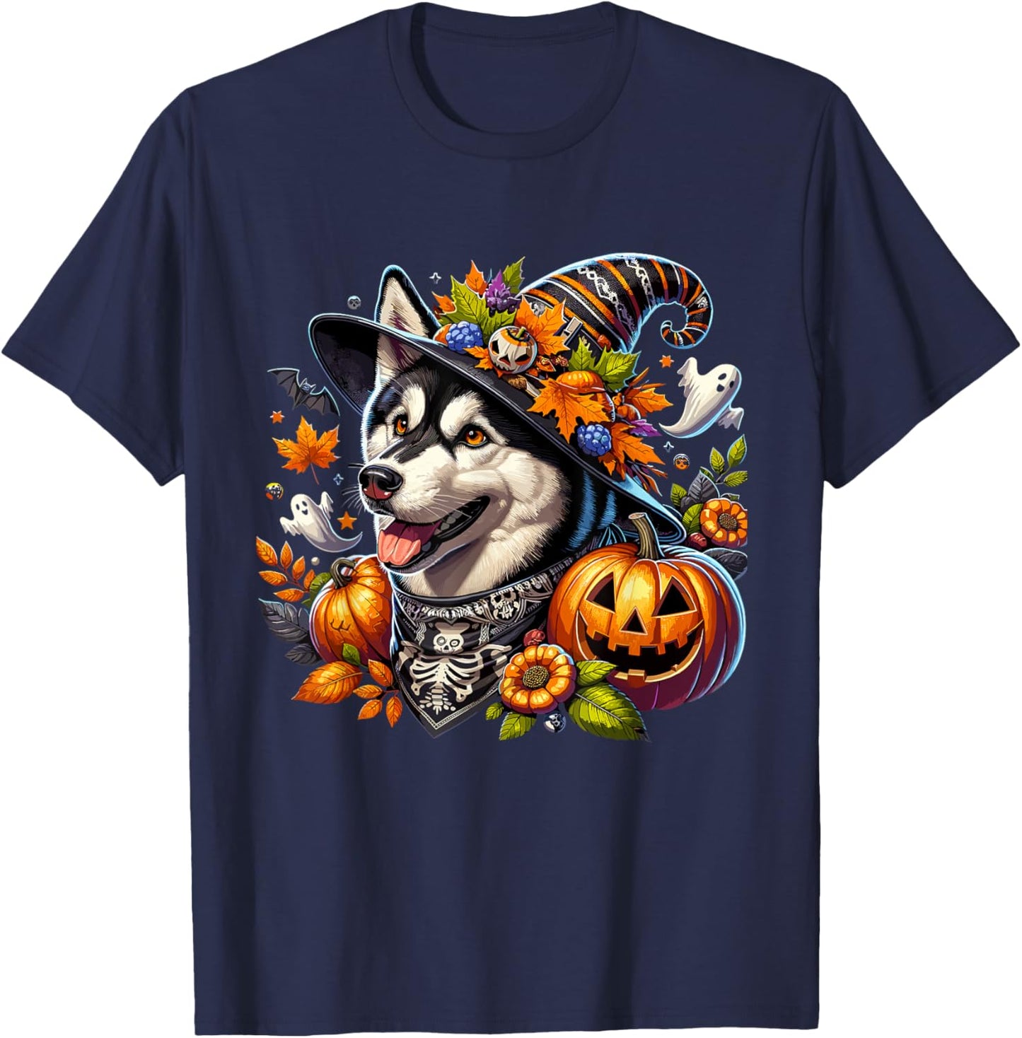 Halloween Siberian Husky Fall Leaves Autumn Pumpkin Ghost T-Shirt - T-Shirt | Navy