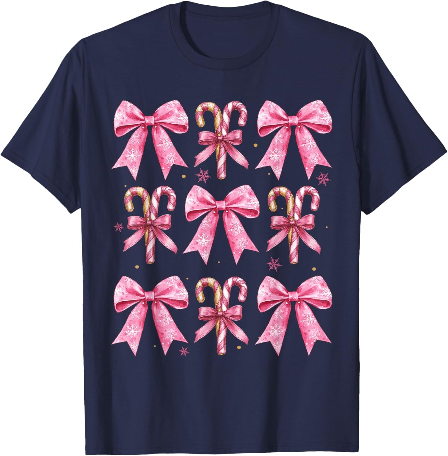 Cute Coquette Bow Candy Canes Christmas Pink Bow Girls Teens T-Shirt - T-Shirt | Navy