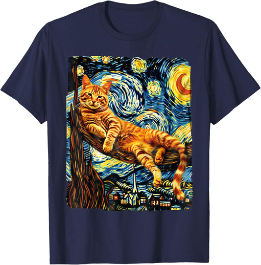 Cat Starry Night Van Gogh Cat For Cat Lover Cat Mom Cat Dad Women Girls Kids T-Shirt - T-Shirt | Navy