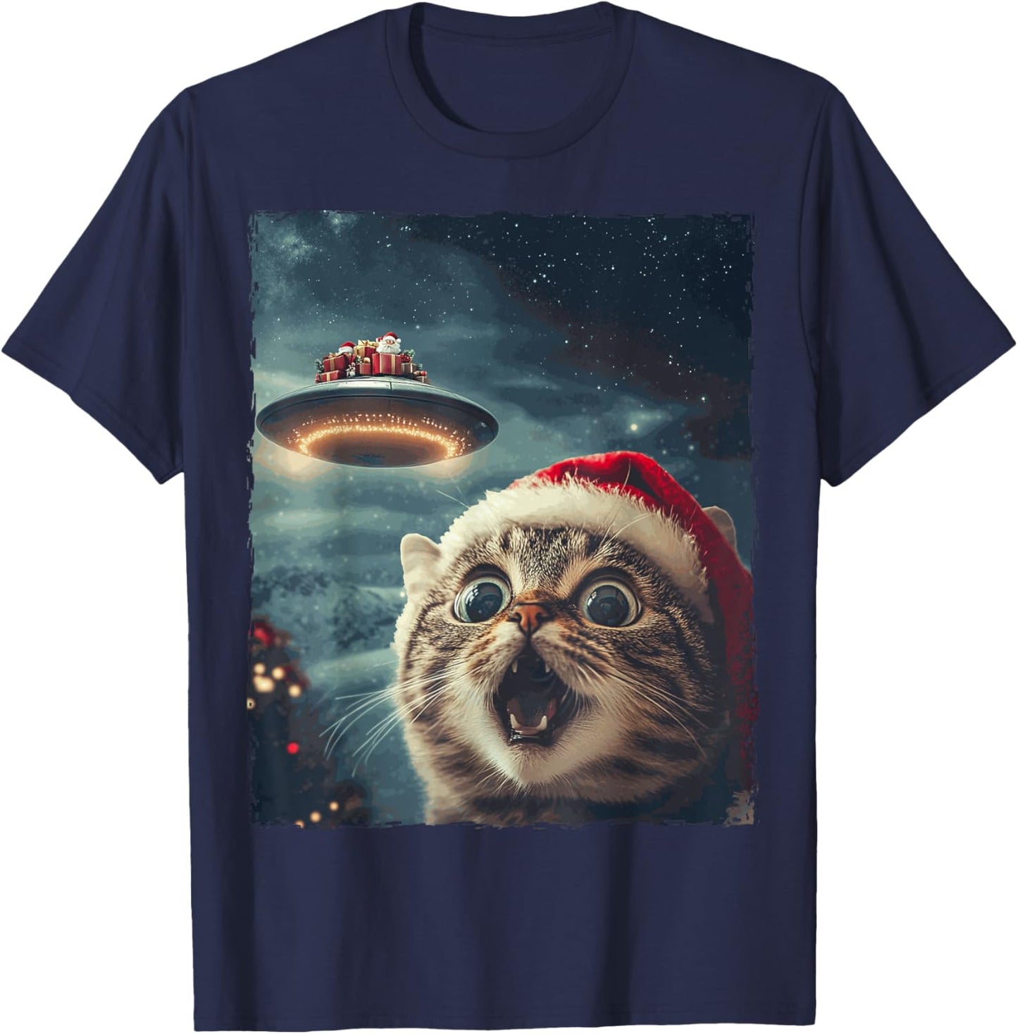 Funny Cat Selfie Santa Ufo Xmas Christmas T-Shirt - T-Shirt | Navy