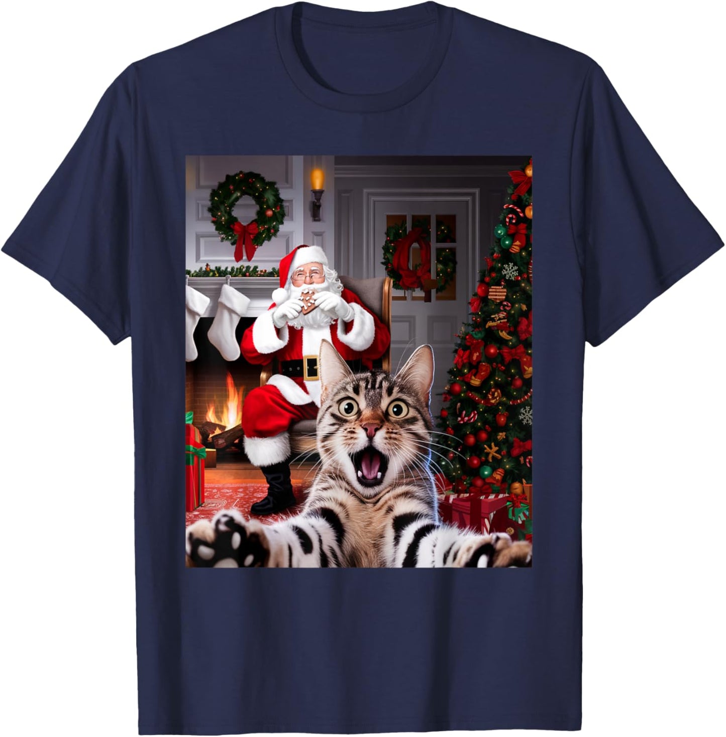 Christmas Funny Cat Selfie with Santa Claus Cute Holiday T-Shirt - T-Shirt | Navy