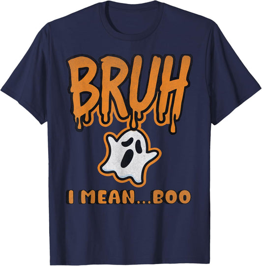 Funny Bruh Halloween Ghost Boo Kids Boys Youth School Party T-Shirt - T-Shirt | Navy