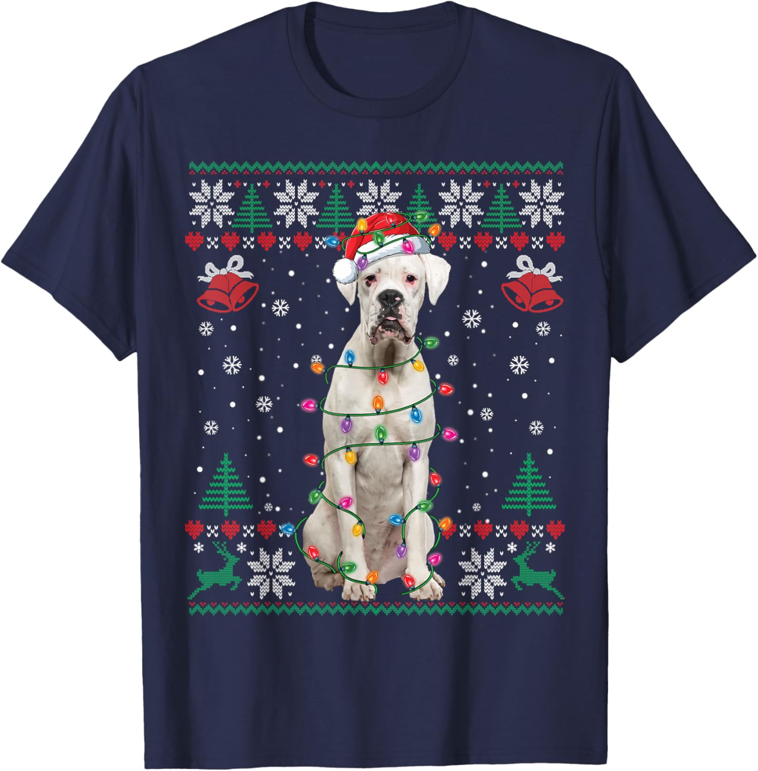 White Boxer Dog Ugly Christmas Sweater Funny Xmas T-Shirt - T-Shirt | Navy