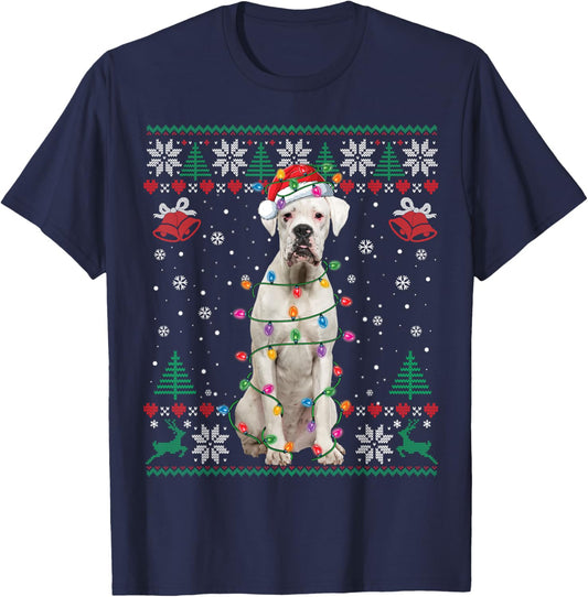 White Boxer Dog Ugly Christmas Sweater Funny Xmas T-Shirt - T-Shirt | Navy