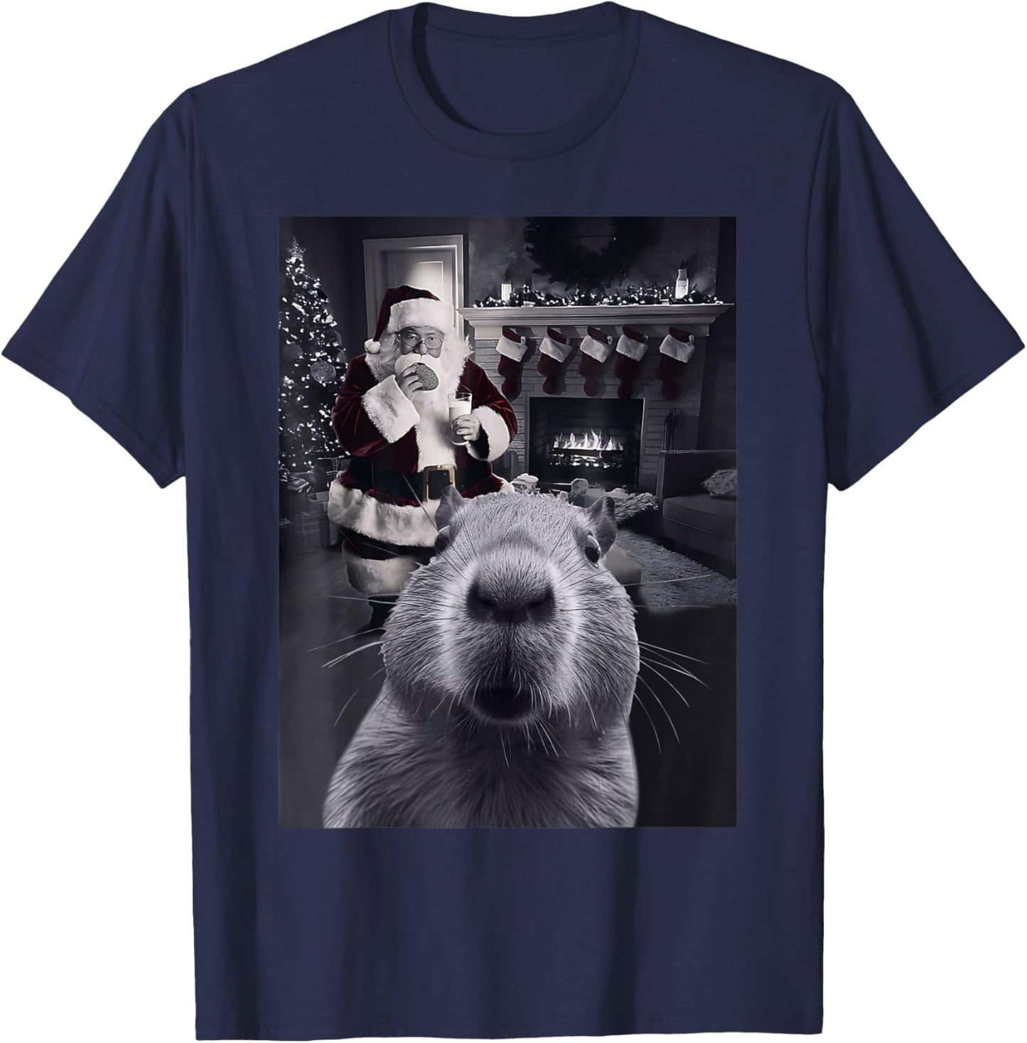 Funny Graphic Capybara Selfie with Santa Capy Xmas Rodent PJ T-Shirt - T-Shirt | Navy