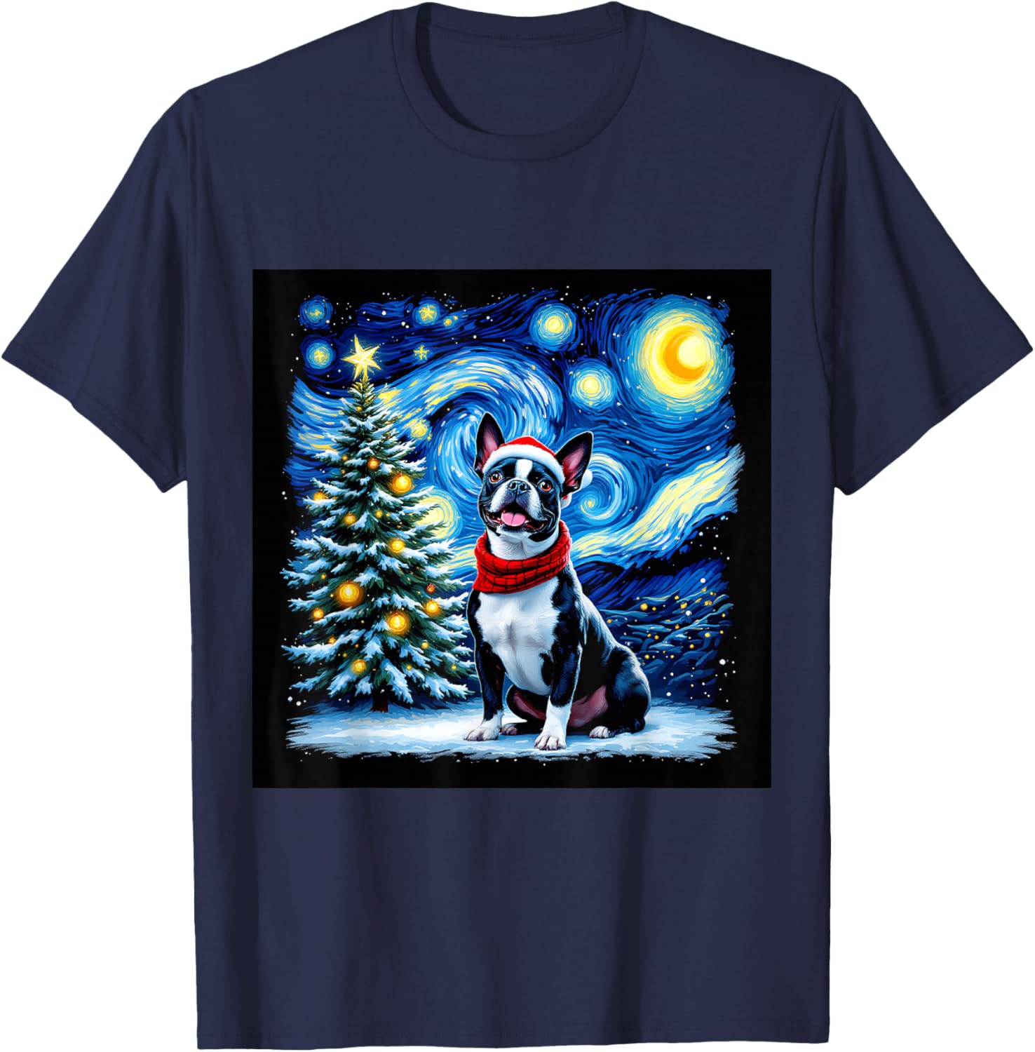 Boston Terrier Starry Night Christmas Van Gogh Dog Santa Hat T-Shirt - T-Shirt | Navy