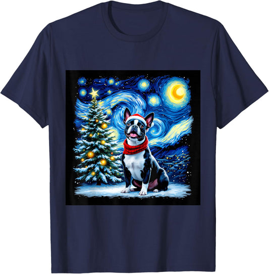 Boston Terrier Starry Night Christmas Van Gogh Dog Santa Hat T-Shirt - T-Shirt | Navy