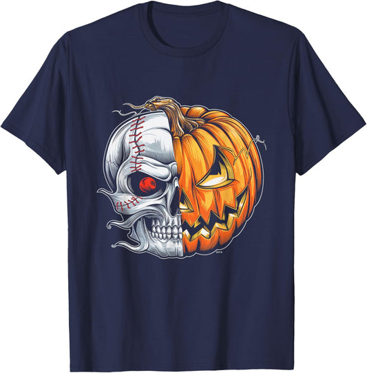Baseball Pumpkin Skull Halloween Spooky Sugar Skull T-Shirt - T-Shirt | Navy