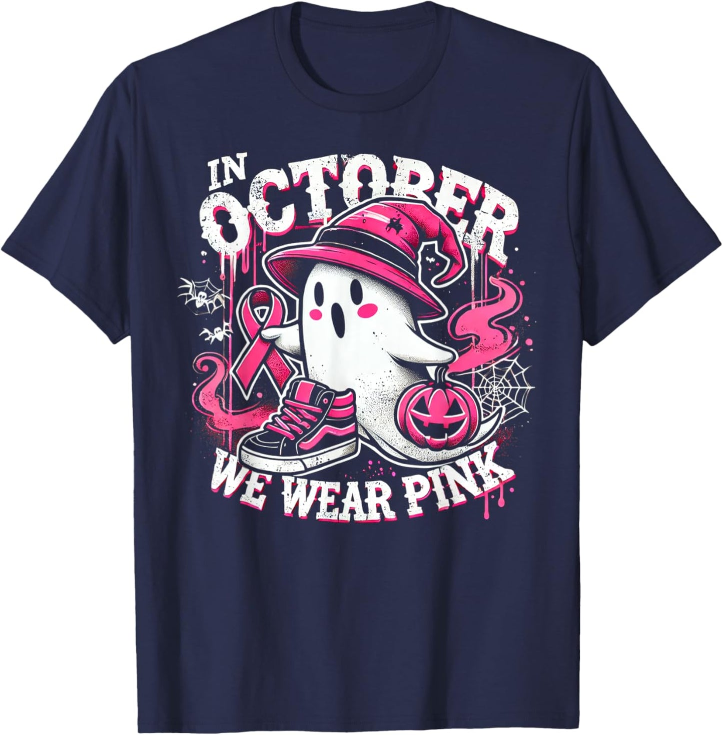 We Wear Pink in october Ghost Breast Cancer Awareness T-Shirt - T-Shirt | Navy