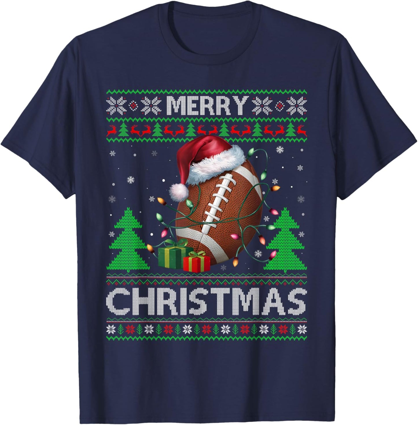 Ugly Xmas Sweater Style Santa American Football Christmas T-Shirt - T-Shirt | Navy