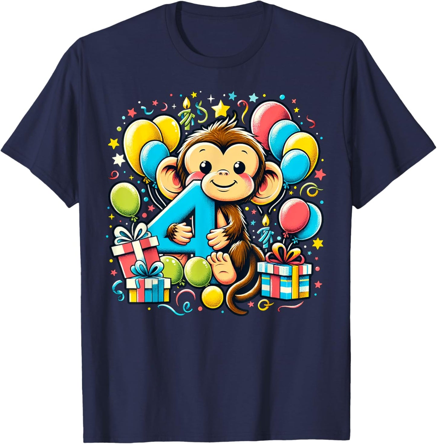 Monkey 4th birthday boy girl 4 years old fourth four Monkey T-Shirt - T-Shirt | Navy