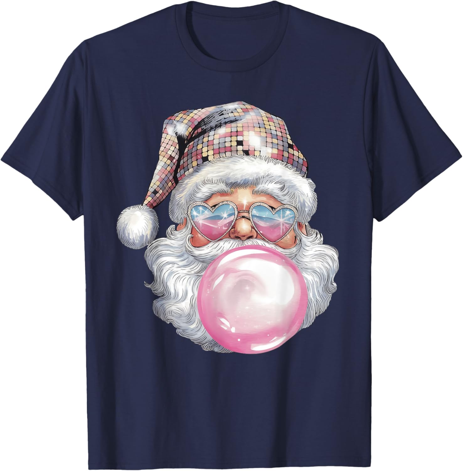 Cute Retro Santa Christmas Blowing Bubble Gum Vintage Girly T-Shirt - T-Shirt | Navy