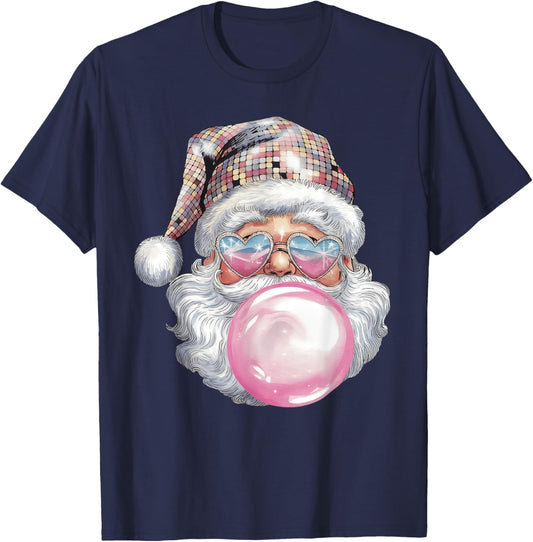 Cute Retro Santa Christmas Blowing Bubble Gum Vintage Girly T-Shirt - T-Shirt | Navy