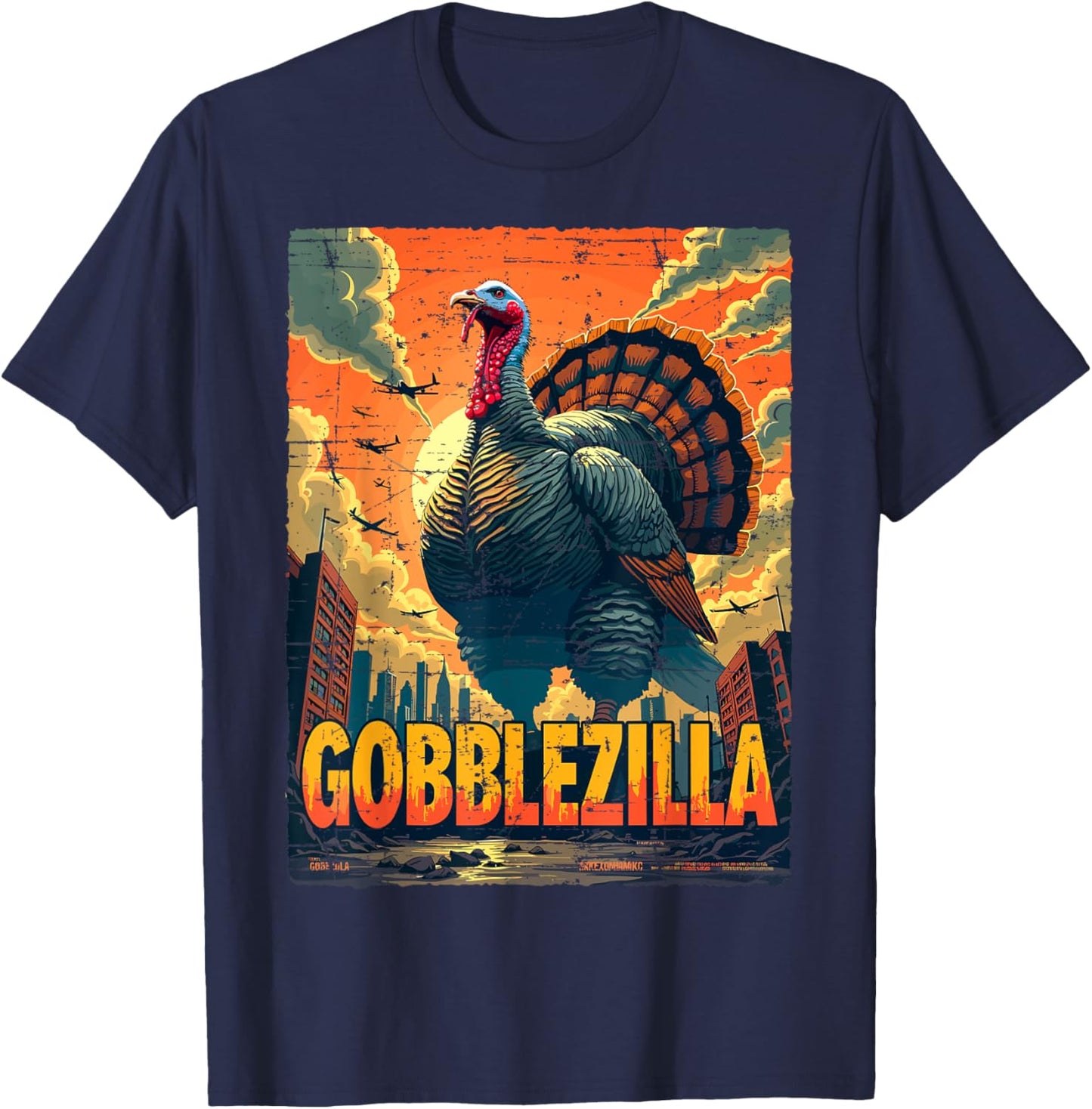 Vintage Funny Thanksgiving Day Gobblezilla Turkey Humor T-Shirt - T-Shirt | Navy