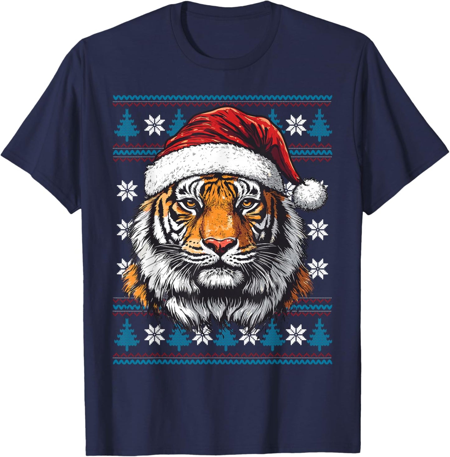 Tiger Santa Hat Ugly Christmas Sweater Tiger Lovers Holiday T-Shirt - T-Shirt | Navy