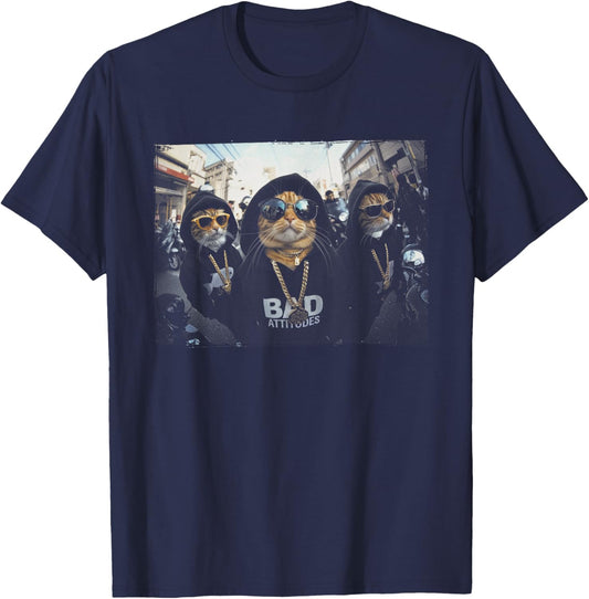 Hip Hop Gangster Cats Metal Rocker Sunglasses Feline Humor T-Shirt - T-Shirt | Navy