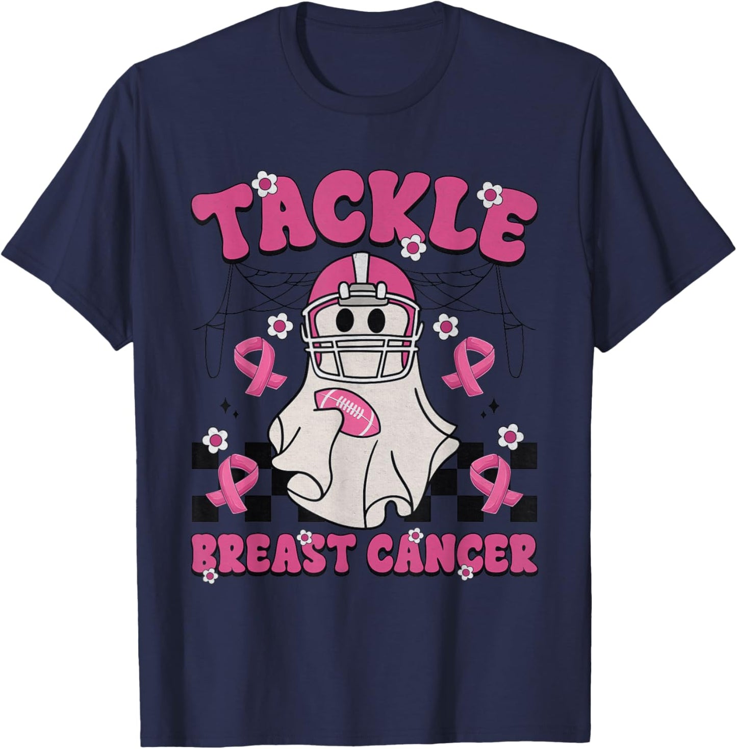 Tackle Breast Cancer Football Funny Ghost Pink Halloween T-Shirt - T-Shirt | Navy