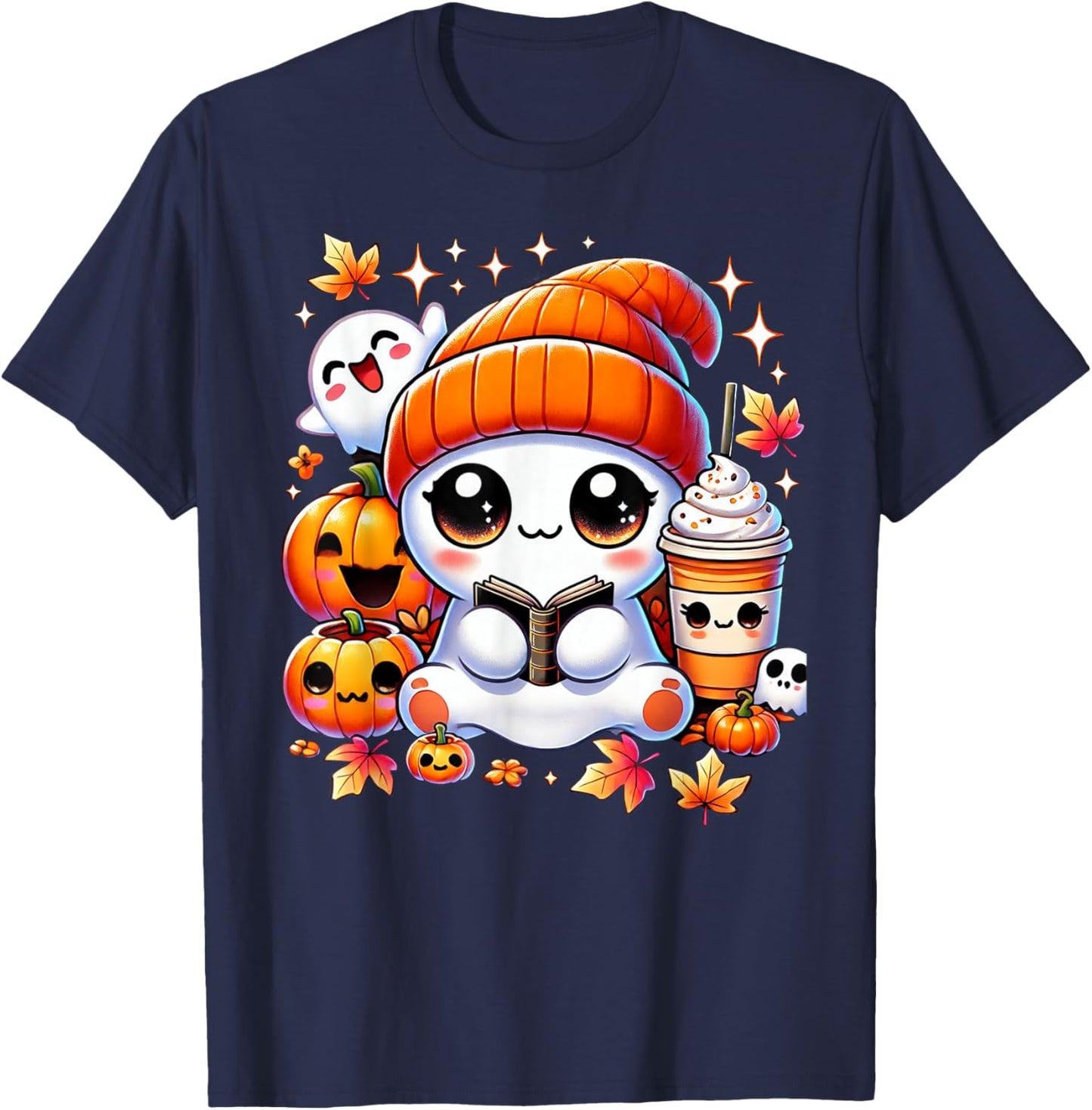 Cute Ghost Reading Book Pumpkins Fall Chocolate Halloween T-Shirt - T-Shirt | Navy
