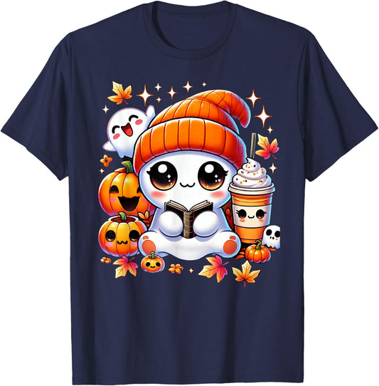 Cute Ghost Reading Book Pumpkins Fall Chocolate Halloween T-Shirt - T-Shirt | Navy