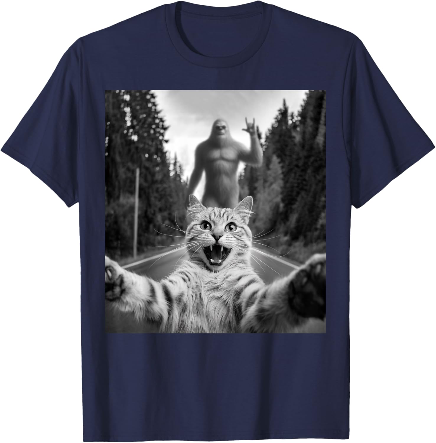 Cat Selfie With Bigfoot Funny Cat Gifts Women Kids T-Shirt - T-Shirt | Navy