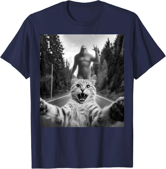 Cat Selfie With Bigfoot Funny Cat Gifts Women Kids T-Shirt - T-Shirt | Navy