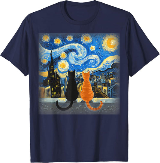 Vincent Van Gogh Starry Night Cat Gift Cat Mom & Dad T-Shirt - T-Shirt | Navy