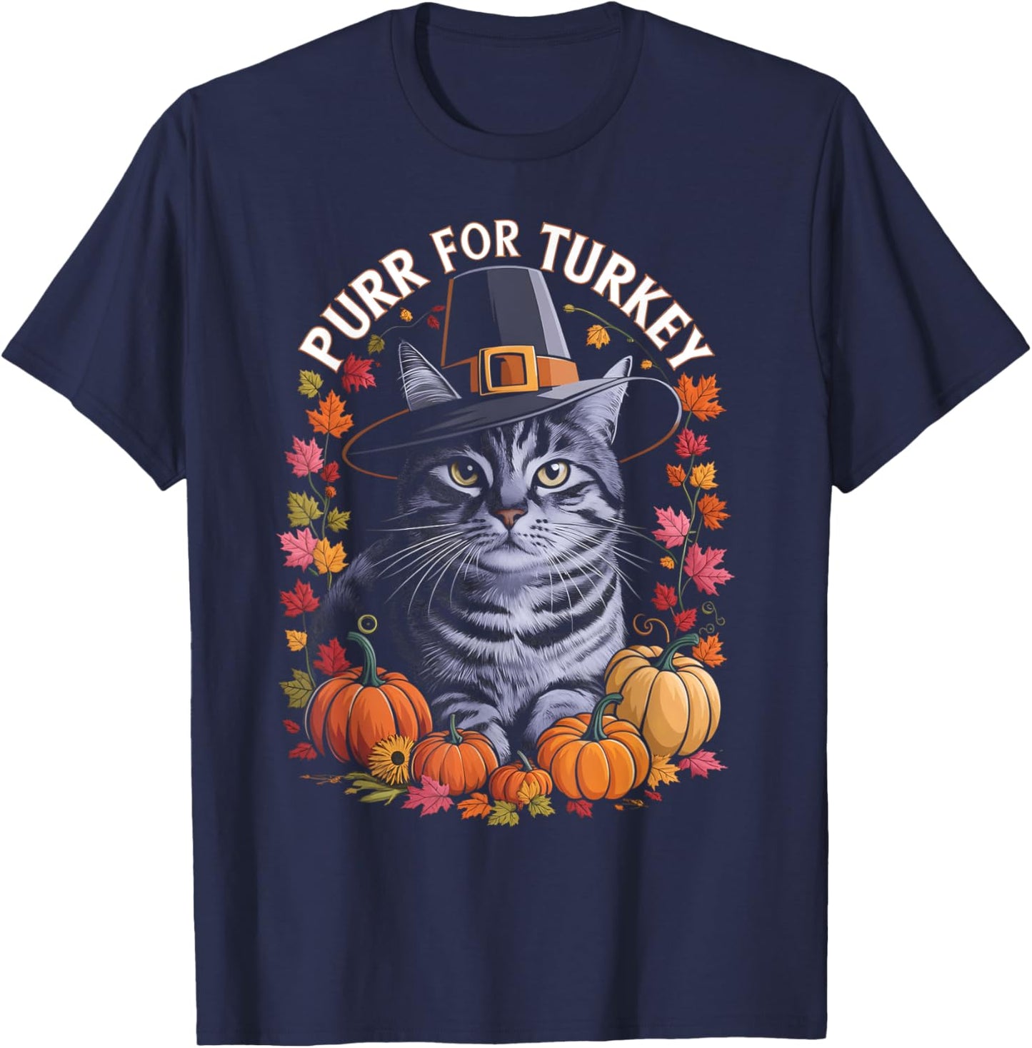 Thanksgiving Pilgrim Cat Lover Purr For Turkey Men Women Kids T-Shirt - T-Shirt | Navy