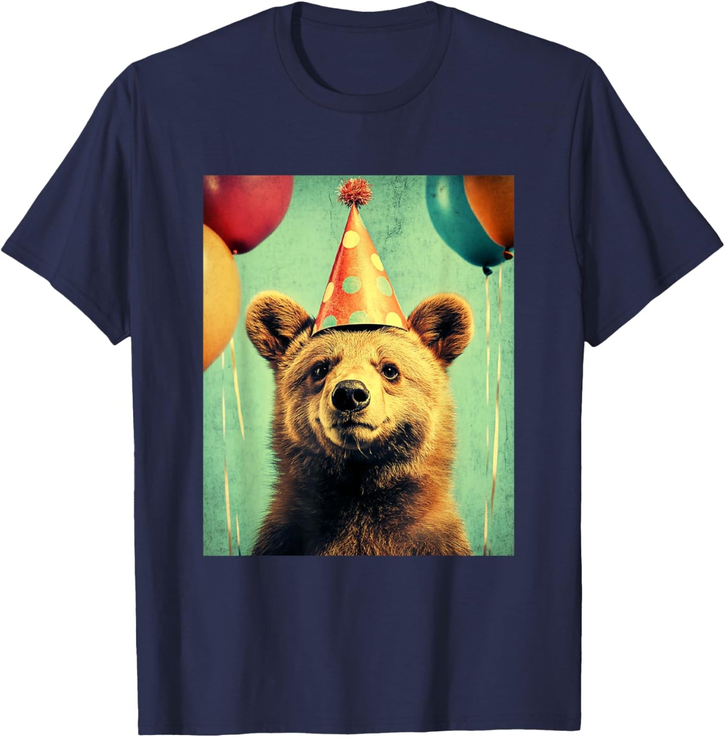 Bear Retro Art Print Birthday Party Balloons & Party Hat T-Shirt - T-Shirt | Navy