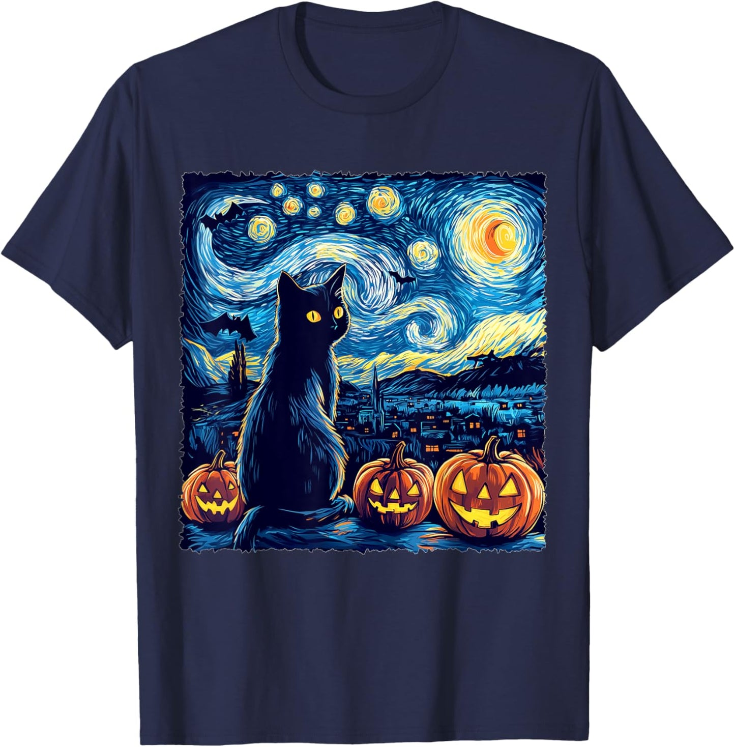 Cat Starry Night Van Gogh Cat For Cat Lover Cat Dad Cat Mom T-Shirt - T-Shirt | Navy