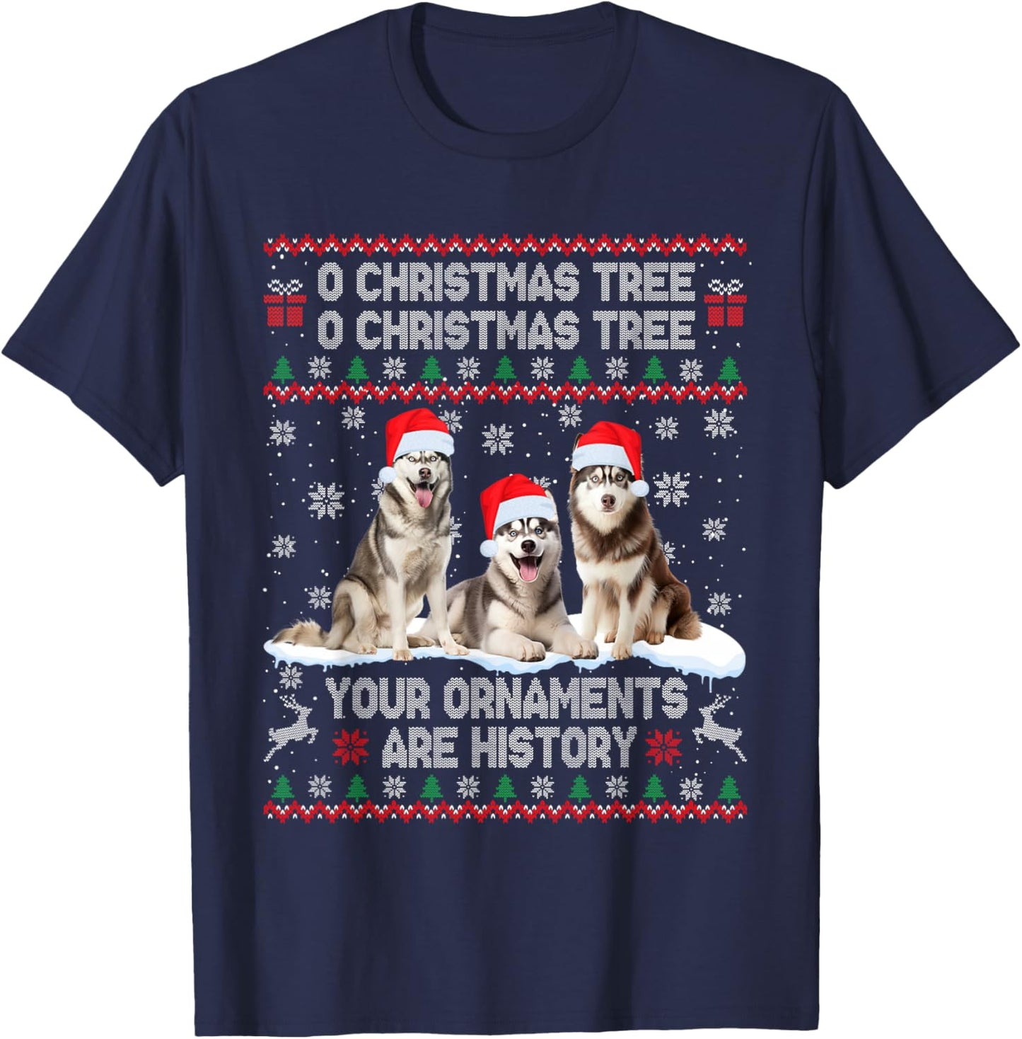 Siberian Husky Dog Ugly Sweater Christmas Light Xmas Pajama T-Shirt - T-Shirt | Navy