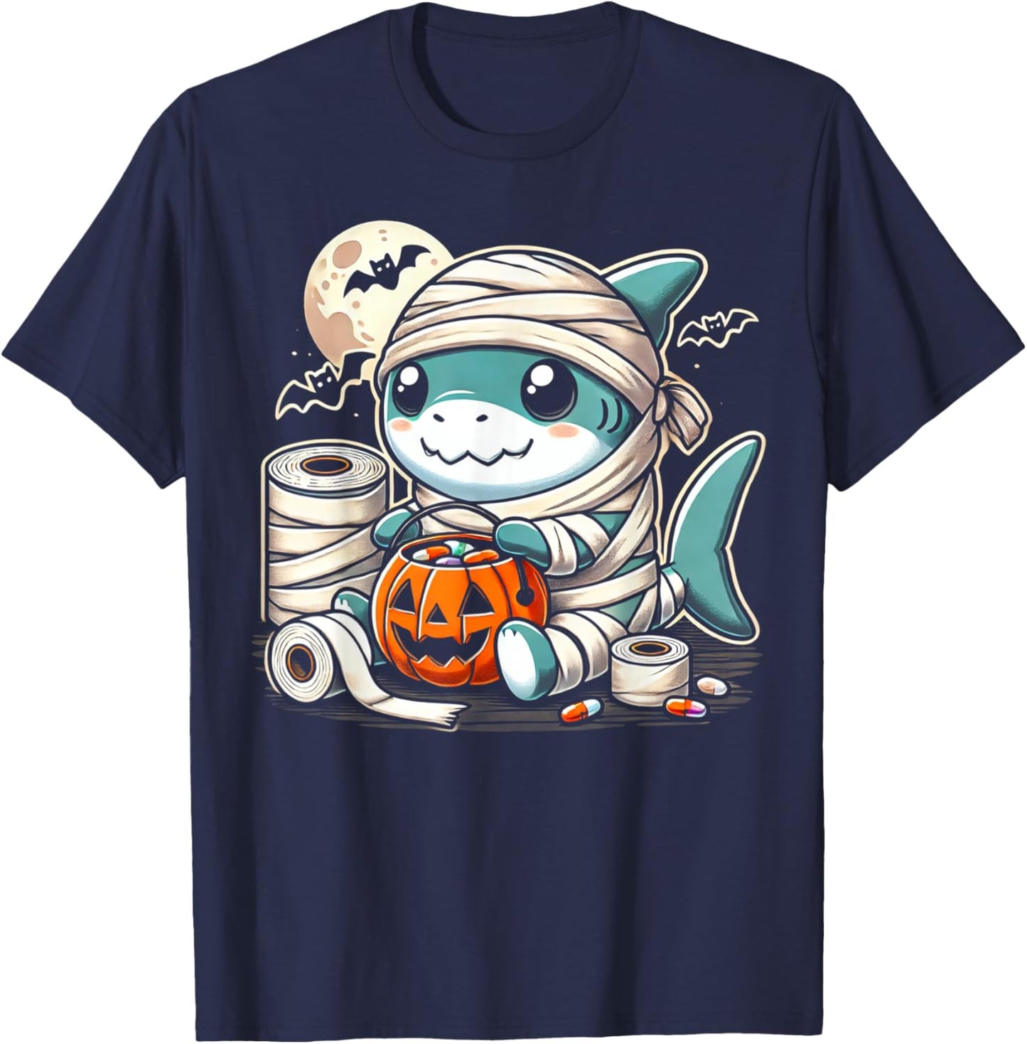 shark Halloween Mummy Cute Design All Ages T-Shirt - T-Shirt | Navy