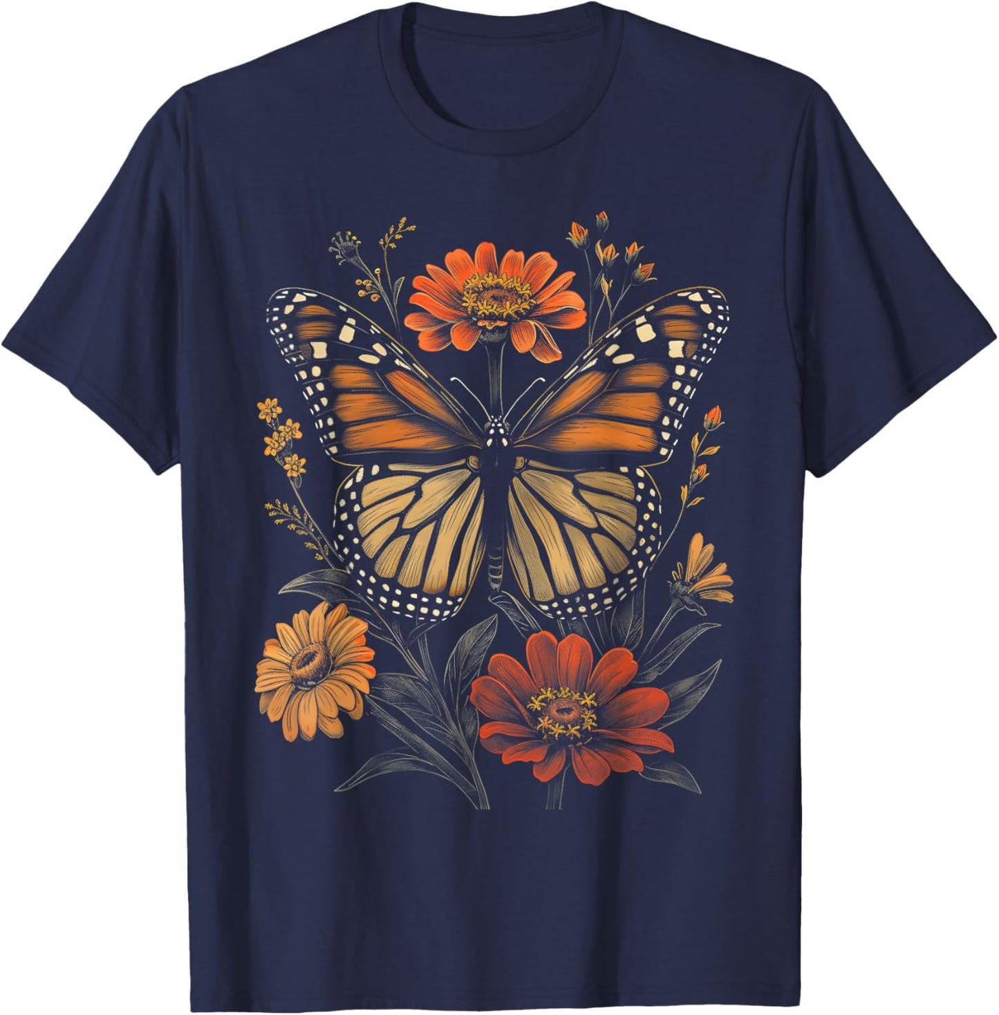 Vintage Monarch Butterfly Zinnias Flower Girl Plant Mom T-Shirt - T-Shirt | Navy