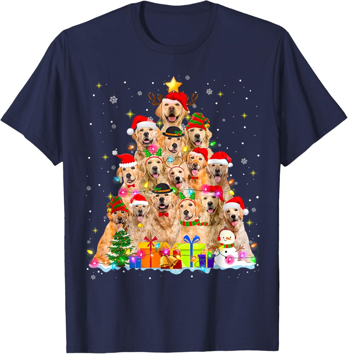 Golden Retriever Christmas Lights Tree Dog Funny Xmas 2025 Women Kids T-Shirt - T-Shirt | Navy